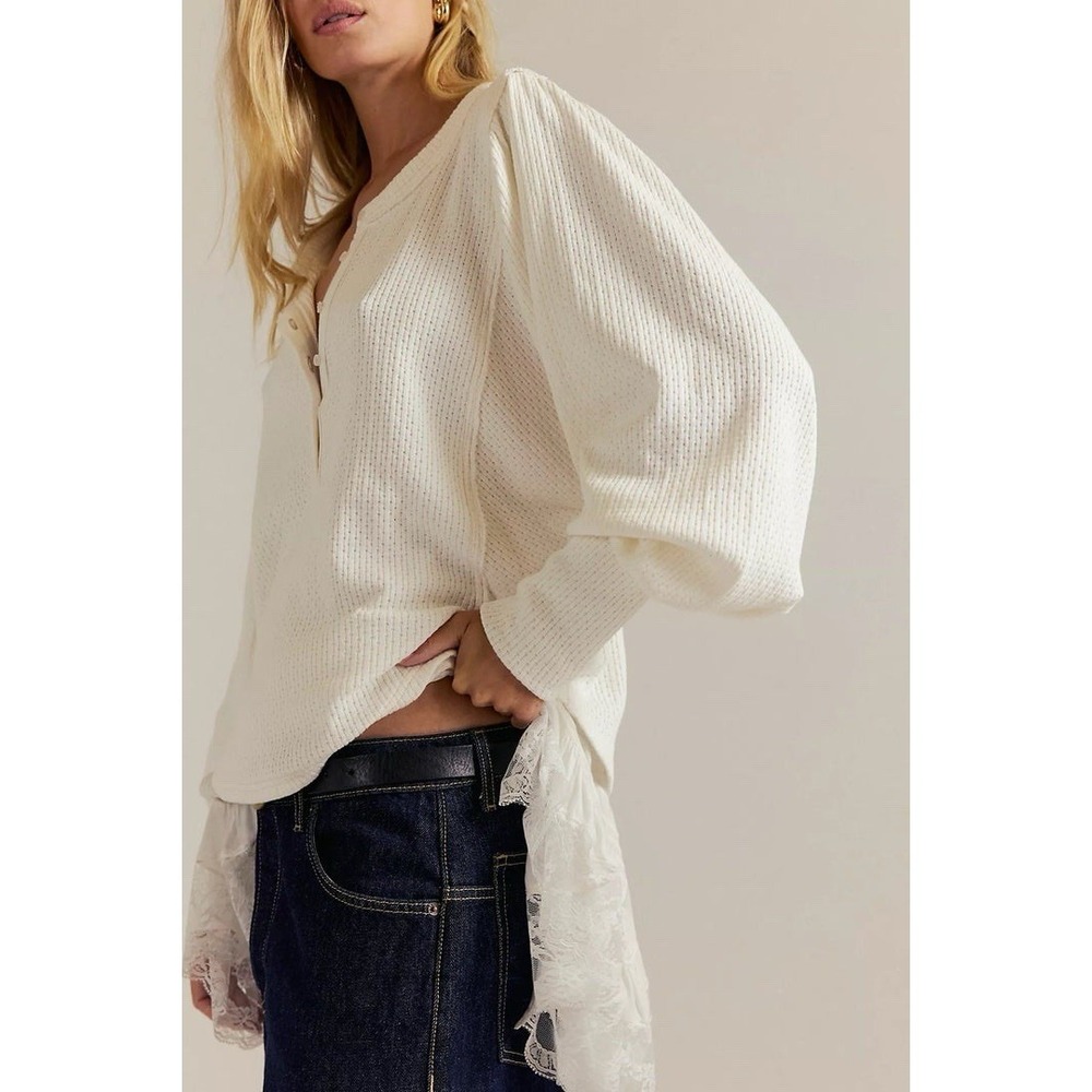 Free People Quinn Knit Top Ivory Women XL Cotton Blend Comfort Beach Summer - Picture 2 of 8
